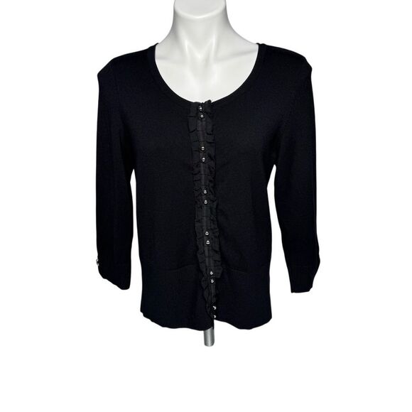 White House Black Market black 3/4 sleeve ruffle snap up cardigan sweater size L - Picture 1 of 11